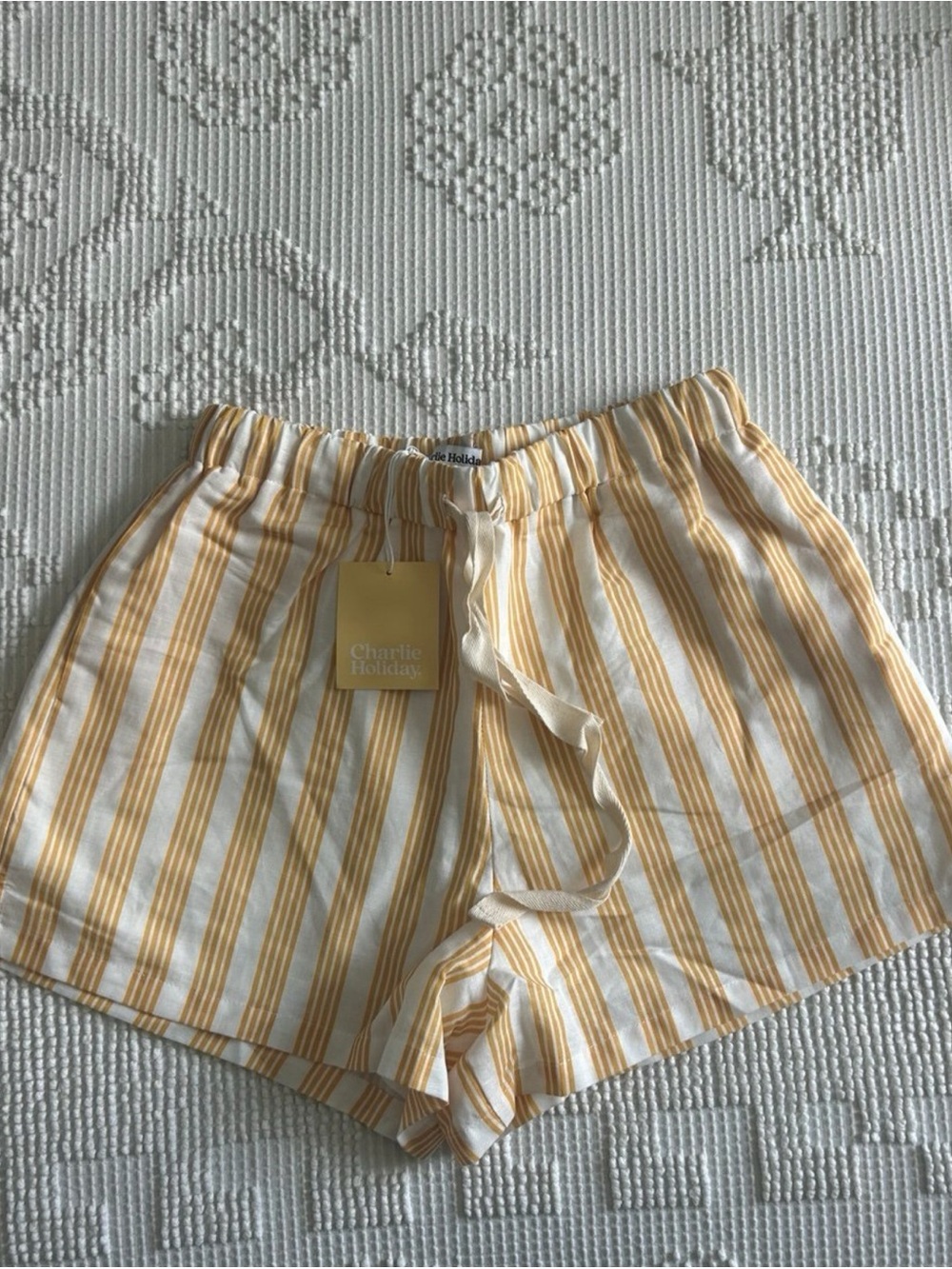 Charlie Holiday Yellow and White Striped Drawstring Shorts